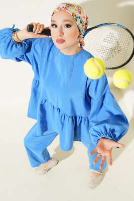 Pazarium - Balon Kol Fırfırlı Paraşüt İkili Takım Saks