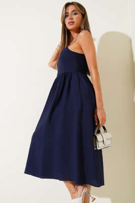 Pazarium - İnce Askılı Gipeli Elbise Lacivert