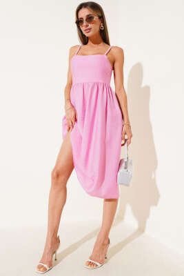 Pazarium - İnce Askılı Gipeli Elbise Pembe