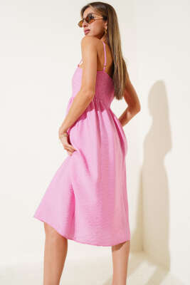 İnce Askılı Gipeli Elbise Pembe - Thumbnail