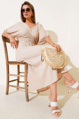 Bel Gipeli Yarım Kol Kırınkıl Midi Elbise Bej - Thumbnail