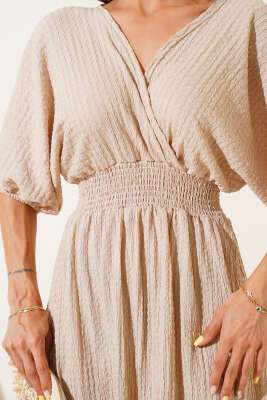 Bel Gipeli Yarım Kol Kırınkıl Midi Elbise Bej - Thumbnail