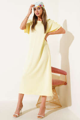 Omuz Düğmeli Midi Elbise Sarı - Thumbnail