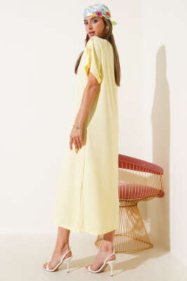 Omuz Düğmeli Midi Elbise Sarı - Thumbnail