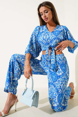 Pazarium - Desenli Ön Bağlamalı İkili Takım Mavi
