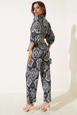 Desenli Ön Bağlamalı İkili Takım Siyah - Thumbnail