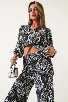 Desenli Ön Bağlamalı İkili Takım Siyah - Thumbnail