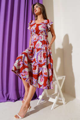 Kolları Fırfırlı Desenli Elbise Kiremit - Thumbnail