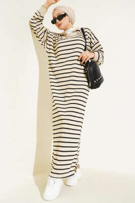 Pazarium - Yarım Fermuarlı Çizgili Salaş Elbise Siyah