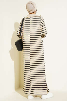 Yarım Fermuarlı Çizgili Salaş Elbise Siyah - Thumbnail