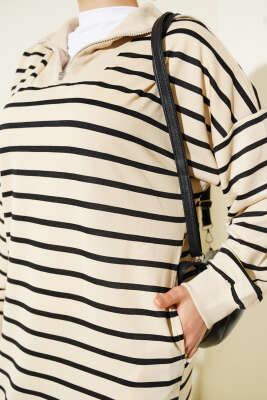 Yarım Fermuarlı Çizgili Salaş Elbise Siyah - Thumbnail