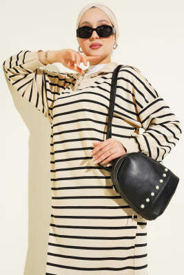 Yarım Fermuarlı Çizgili Salaş Elbise Siyah - Thumbnail