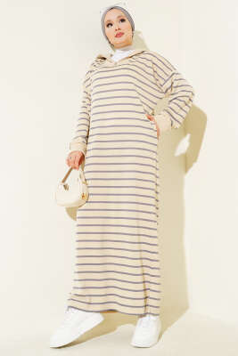 Pazarium - Yarım Fermuarlı Çizgili Salaş Elbise Kayrak Grisi