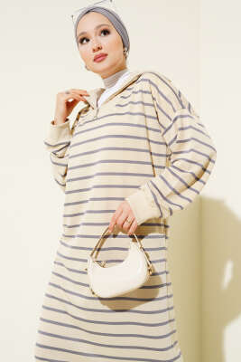 Yarım Fermuarlı Çizgili Salaş Elbise Kayrak Grisi - Thumbnail