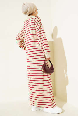 Yarım Fermuarlı Çizgili Salaş Elbise Bordo - Thumbnail