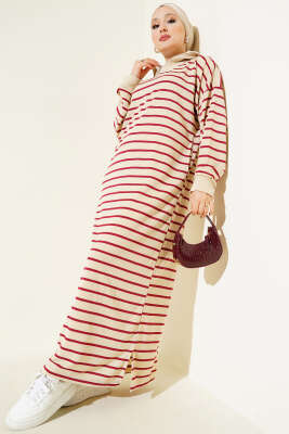 Pazarium - Yarım Fermuarlı Çizgili Salaş Elbise Bordo