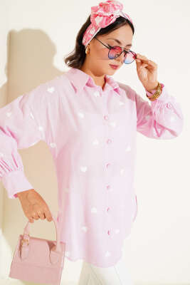 Pazarium - Kalp Baskılı Keten Gömlek Pembe