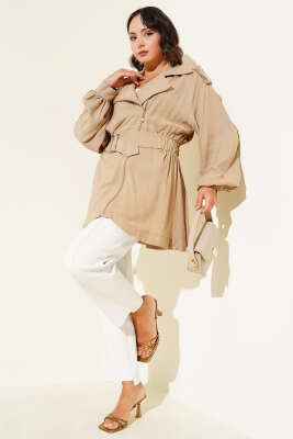 Çapraz Fermuarlı Kemerli Ceket Camel - Thumbnail