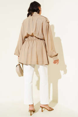 Çapraz Fermuarlı Kemerli Ceket Camel - Thumbnail