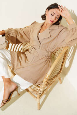 Çapraz Fermuarlı Kemerli Ceket Camel - Thumbnail