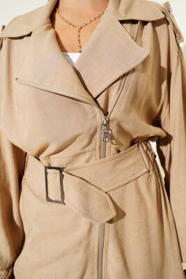 Çapraz Fermuarlı Kemerli Ceket Camel - Thumbnail