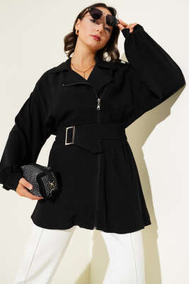 Pazarium - Çapraz Fermuarlı Kemerli Ceket Siyah