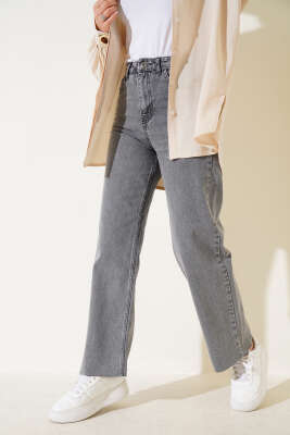 Pazarium - Kesik Paça Salaş Kot Pantolon Gri Kar