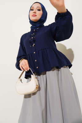 Pazarium - Kurdeleli Fırfır Detaylı Gömlek Lacivert