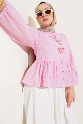 Pazarium - Kurdeleli Fırfır Detaylı Gömlek Pembe