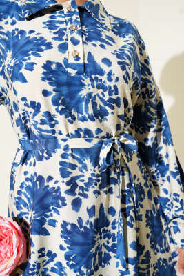  Desenli Gömlek Yaka Taş Düğmeli Elbise Indıgo - Thumbnail