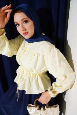 Pazarium - Bel Tünelli Büzgülü Kısa Gömlek Sarı