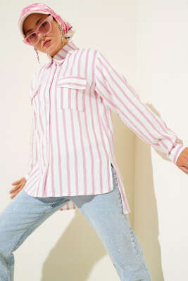Pazarium - Çizgili Çift Cepli Gömlek Pembe