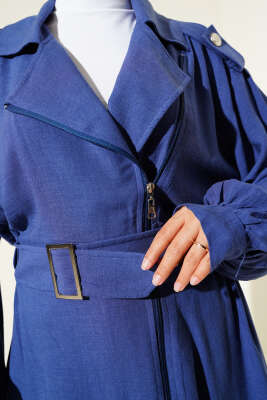 Çapraz Fermuarlı Kemerli Ceket Indıgo - Thumbnail