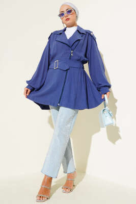 Çapraz Fermuarlı Kemerli Ceket Indıgo - Thumbnail