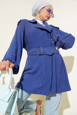 Çapraz Fermuarlı Kemerli Ceket Indıgo - Thumbnail