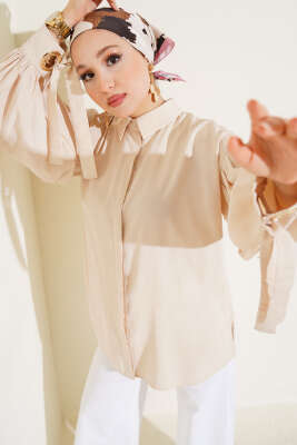 Pazarium - Kuş Gözü Detaylı Balon Kol Gömlek Bej