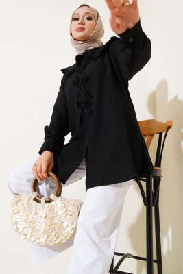 Pazarium - Fırfırlı Bebe Yaka Fiyonklu Gömlek Siyah