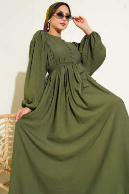 Pazarium - Brit Düğmeli Kuşaklı Elbise Haki