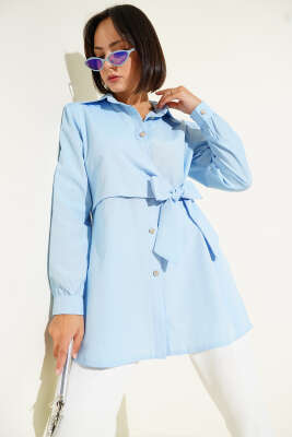 Pazarium - Düğmeli Yandan Bağlamalı Gömlek Mavi