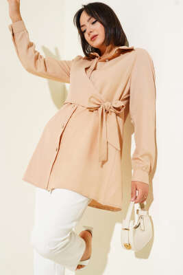 Pazarium - Düğmeli Yandan Bağlamalı Gömlek Camel