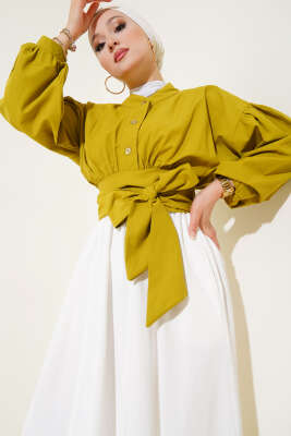 Pazarium - Yarım Düğmeli Bağlamalı Kısa Gömlek Yağ Yeşili