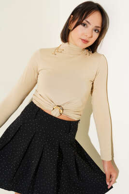 Pazarium - Balıkçı Yaka Uzun Kol Body Bej