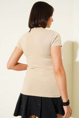 Balıkçı Yaka Kısa Kol Body Bej - Thumbnail
