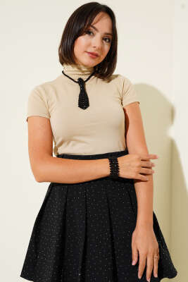 Balıkçı Yaka Kısa Kol Body Bej - Thumbnail