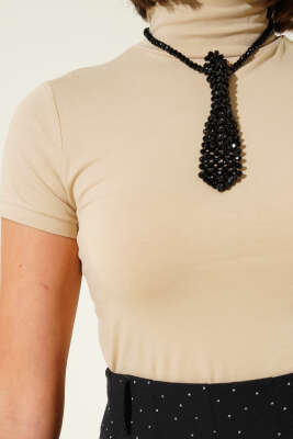 Balıkçı Yaka Kısa Kol Body Bej - Thumbnail