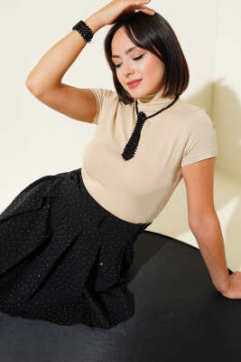 Pazarium - Balıkçı Yaka Kısa Kol Body Bej