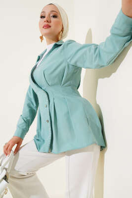 Pazarium - İnci Detaylı Belden Pileli Gömlek Mınt