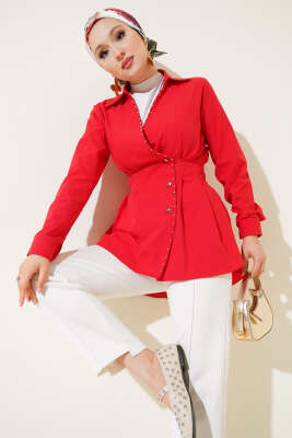 Pazarium - İnci Detaylı Belden Pileli Gömlek Kırmızı
