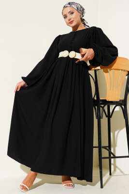 Pazarium - Brit Düğmeli Kuşaklı Elbise Siyah