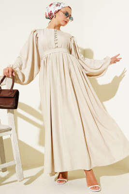 Pazarium - Brit Düğmeli Kuşaklı Elbise Bej